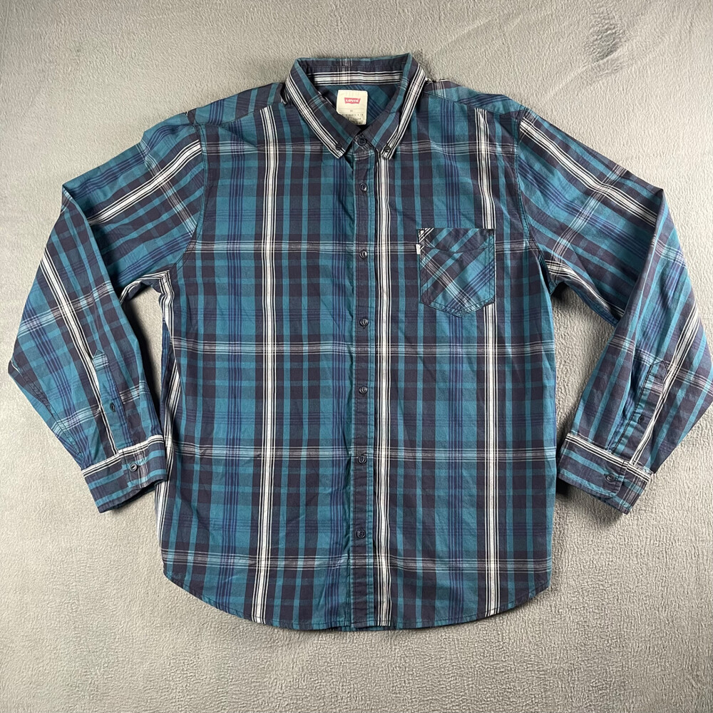 Levis Long Sleeve Button Up Shirt Mens 2XL Blue Black Plaid Western Cowboy